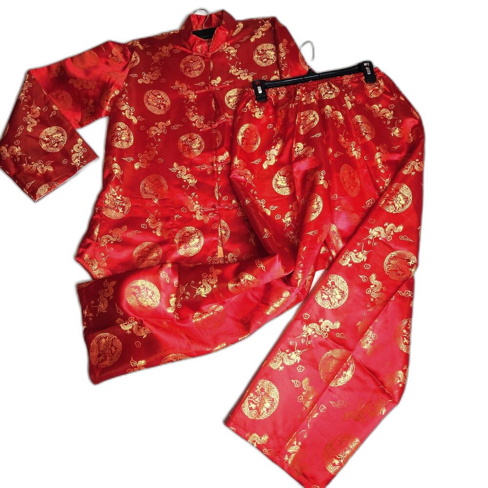 Yi Fang Asian Tunic & Pants Set Red Gold Brocade Dragon Theme Size M Unisex